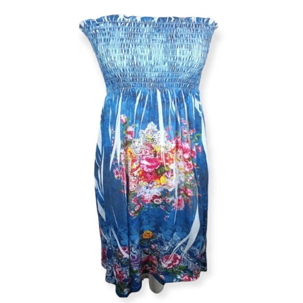 BLUE & PINK FLORAL STRAPLESS DRESS SZ.S/M EUC.